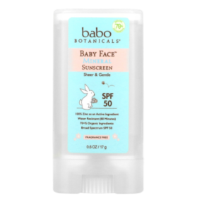 Babo Botanicals, Baby Face（ベビーフェイス）、ミネラル日焼け止めスティック、SPF数値50、17g（0.6オンス）